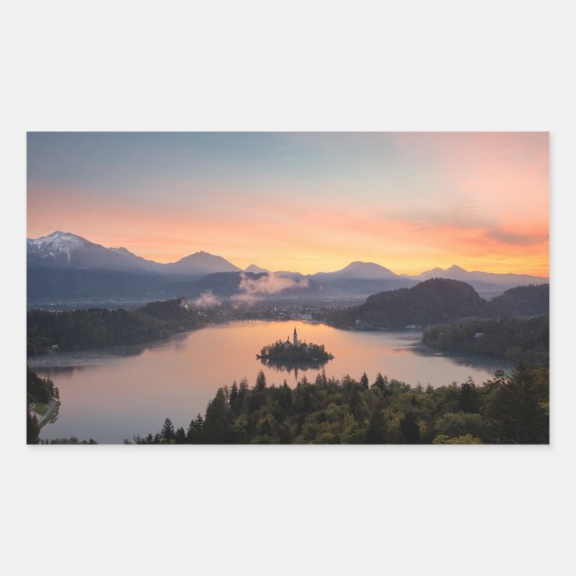 Sunrise over Lake Bled pegatina rectangular (Anverso)