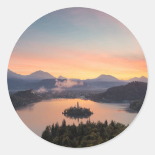 Sunrise over Lake Bled round pegatina
