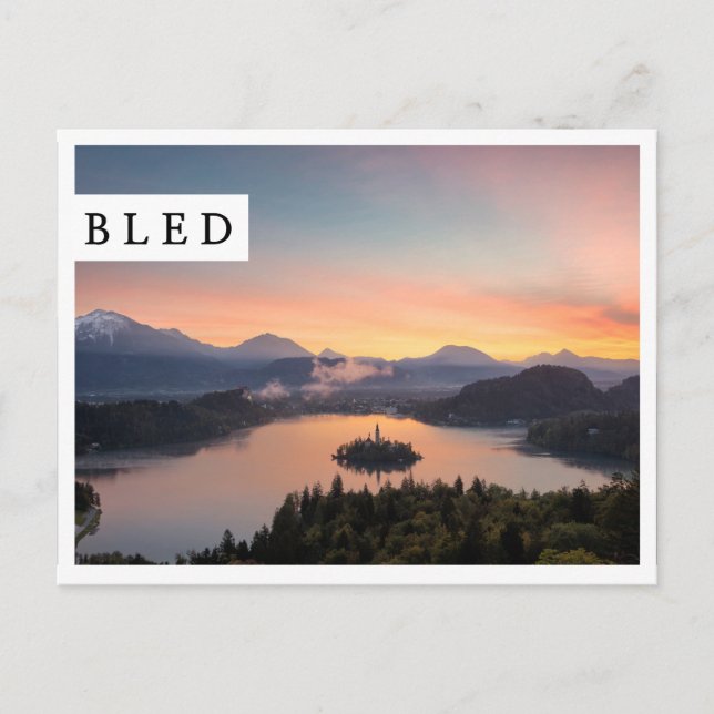 Sunrise over Lake Bled white edge postal (Anverso)