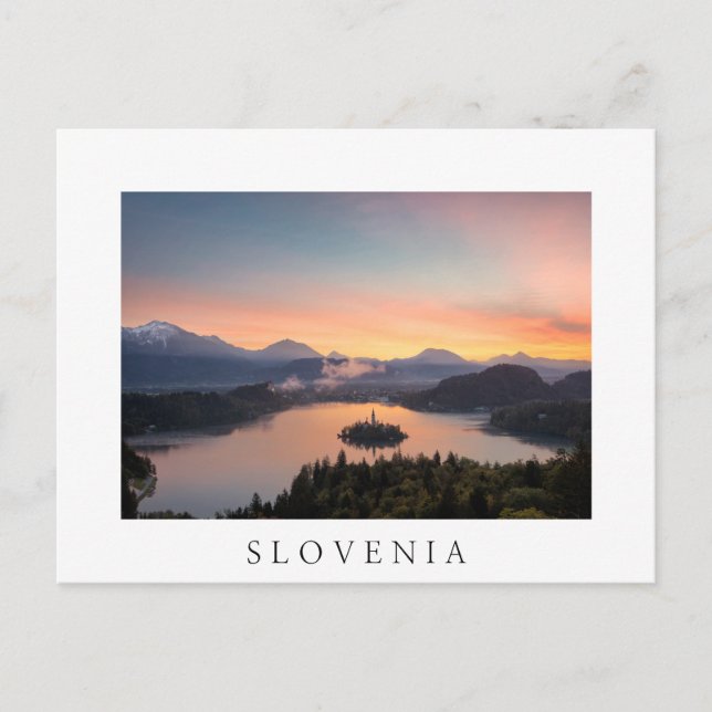Sunrise over Lake Bled white postal (Anverso)