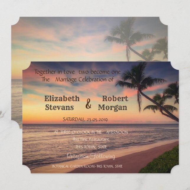 Sunset Beach Wedding , Invitación de palmeras (Anverso / Reverso)
