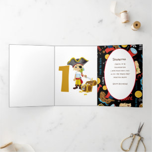 Sunset Pirate Boy 1er cumpleaños Tarjeta Tri-Fold