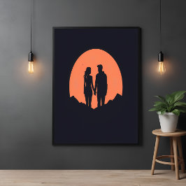 Sunset Silhouette Pareja Arte de Amor Minimalista