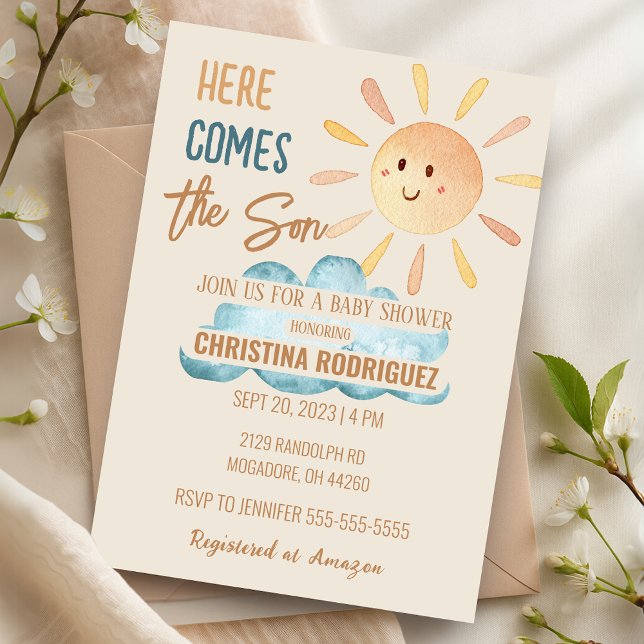 Sunshine llega a la invitación de Baby Shower de S (Sunshine Here Comes The Son Baby Shower Invitation)