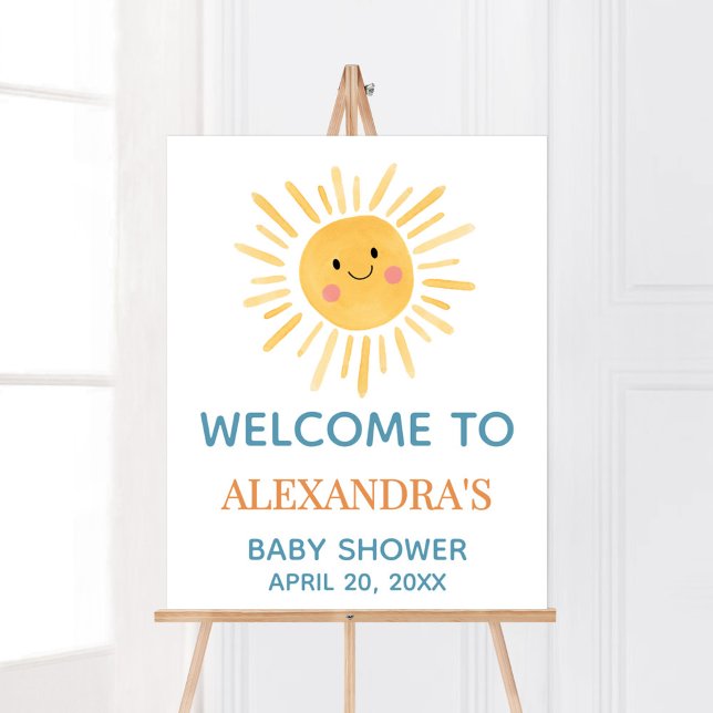 Sunshine viene aquí, la señal de bienvenida del hi (Here Comes the Son Cute Sun Baby Shower Welcome Sign)