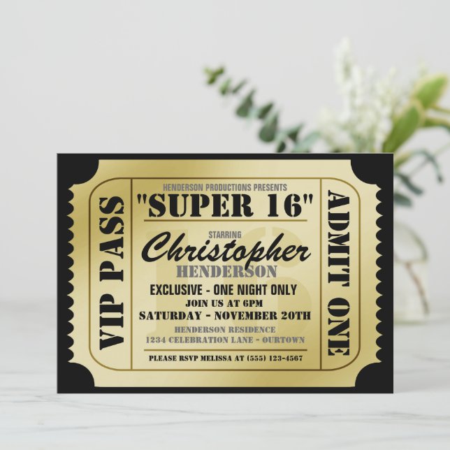 Super 16 invitaciones para fiestas VIP estilo Tick (Anverso de pie)