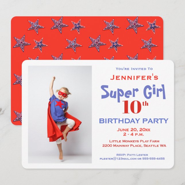 Súper Héroe Infantil, Invitación a Cumpleaños, Roj (Anverso / Reverso)