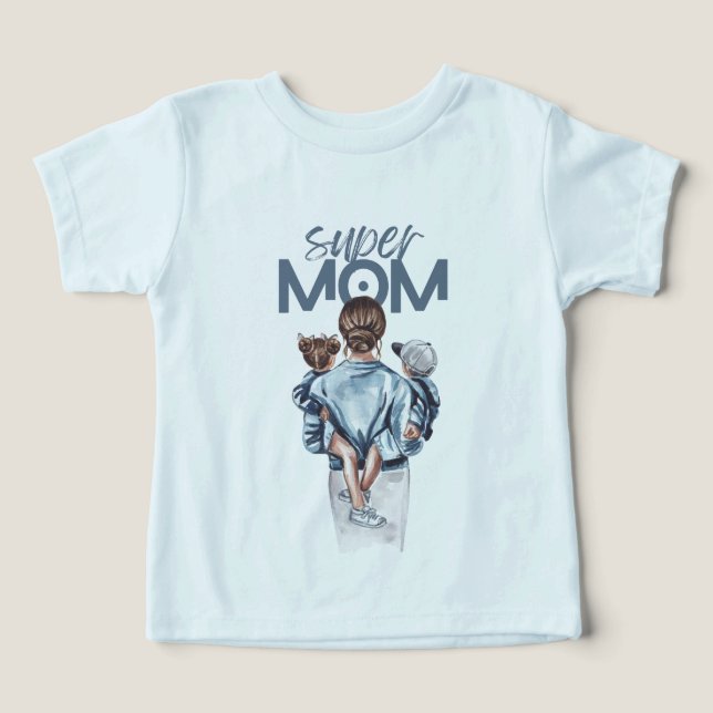 Super Mom Blue Watercolor Mother and Children Art (Diseño delantero )