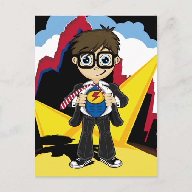 Superhéroe niño en tarjeta de ciudad (Anverso)