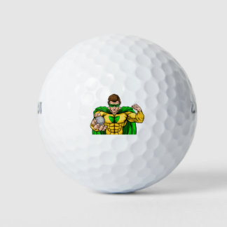 Superhéroe sostiene mascota deportiva para bolas d