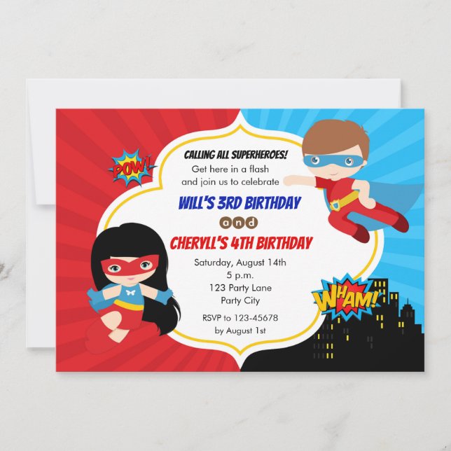 Superhéroes Invitaciones de cumpleaños (Chica Twin (Anverso)