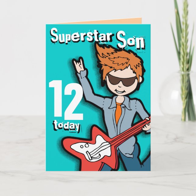 Superstar Son 12 cumpleaños tarjeta de niño aqua (Anverso)