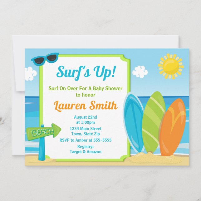 Surf Board Baby Shower Invitación Surfer Boy (Anverso)