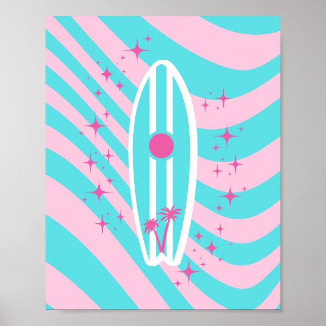 Surfboard rosa, arte playero, vibraciones tropical (Frente)