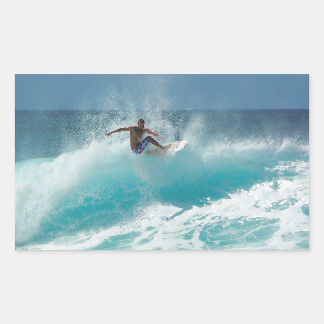 Surfer en un pegatina rectangular de onda grande (Anverso)
