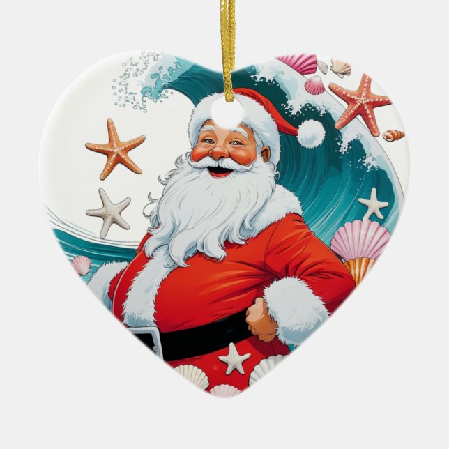 Surfing Santa Seashell Wave Navidad Ornamento (Frente)