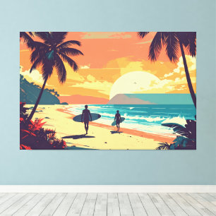 surfistas de arte retro en la playa