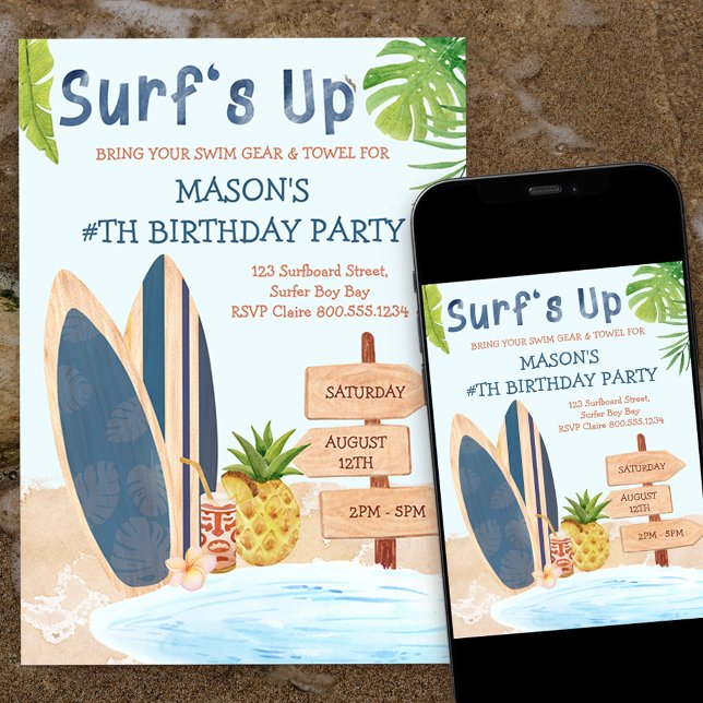 Surfs Up Birthday Party Boys Surfboard Invitación (Subido por el creador)