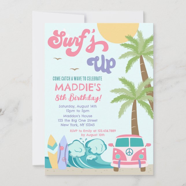 Surf's up Surf Beach chica Invitación al cumpleaño (Anverso)