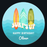 Surfs Up Surfboard Kids Birthday Pegatina<br><div class="desc">¡Crea tu propio pegatina de fiesta de cumpleaños! Personalice este diseño con su propio texto. Puede realizar un personalizar adicional de este diseño seleccionando el enlace "personalizar adicional" si lo desea.</div>