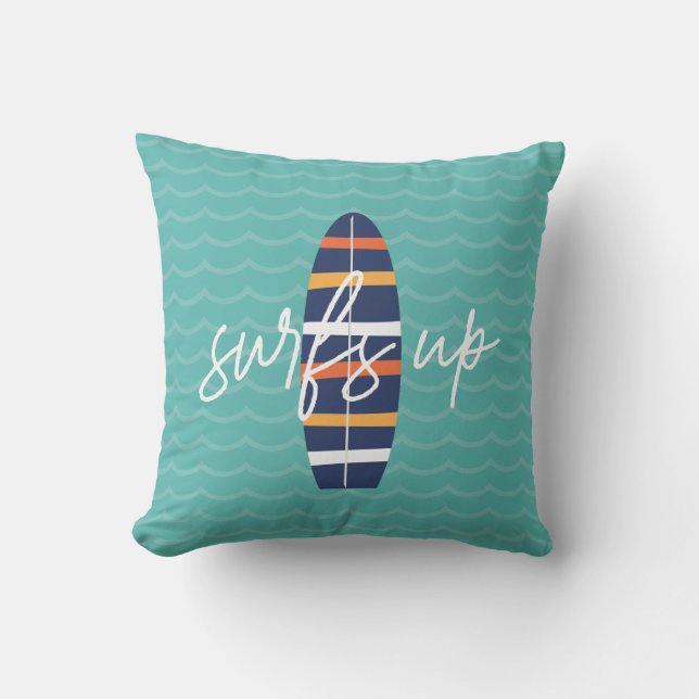 Surfs Up tabla de surf azul y olas Almohada (Anverso)