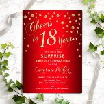 Surprise 18th Birthday Party - Invitación Red Gold<br><div class="desc">Sorpresa 18ª Invitación a la fiesta de cumpleaños Elegante diseño en rojo con falso oro purpurina. Presenta el tipo de letra del guión y el perfil. ¡Salud a 18 años! Mándame un mensaje si necesitas una edad personalizado.</div>