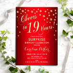 Surprise 19th Birthday Party - Invitación Red Gold<br><div class="desc">Sorpresa 19 cumpleaños Invitación a la fiesta Elegante diseño en rojo con falso oro purpurina. Presenta el tipo de letra del guión y el perfil. ¡Salud a 19 años! Mándame un mensaje si necesitas una edad personalizado.</div>