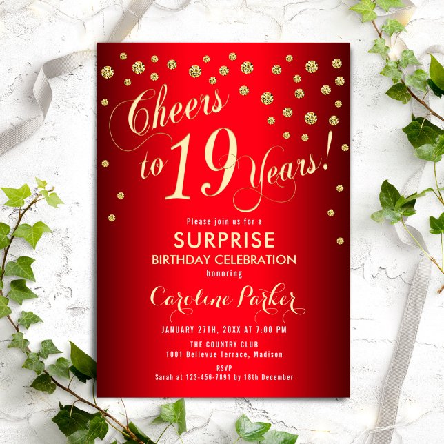 Surprise 19th Birthday Party - Invitación Red Gold (Subido por el creador)