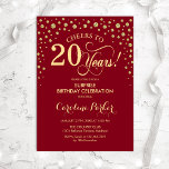 Surprise 20th Birthday Party - Invitación Red Gold<br><div class="desc">Sorpresa 20.ª Invitación a la fiesta de cumpleaños. Elegante diseño de color rojo oscuro y falso oro purpurina. Presenta el tipo de letra de guión y los diamantes confetti. ¡Salud a 20 años! Mándame un mensaje si necesitas más personalización.</div>