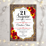 Surprise 21st Birthday - Invitación roja blanca do<br><div class="desc">Sorpresa Invitación a cumpleaños número 21. Diseño femenino rústico, blanco, rojo y negro con el oro falso purpurina. Presenta un patrón de madera, rosas rojas, girasoles, fuente de escritura y confeti. Perfecto para una elegante fiesta de cumpleaños. Se puede personalizar para mostrar cualquier edad. Mándame un mensaje si necesitas más...</div>