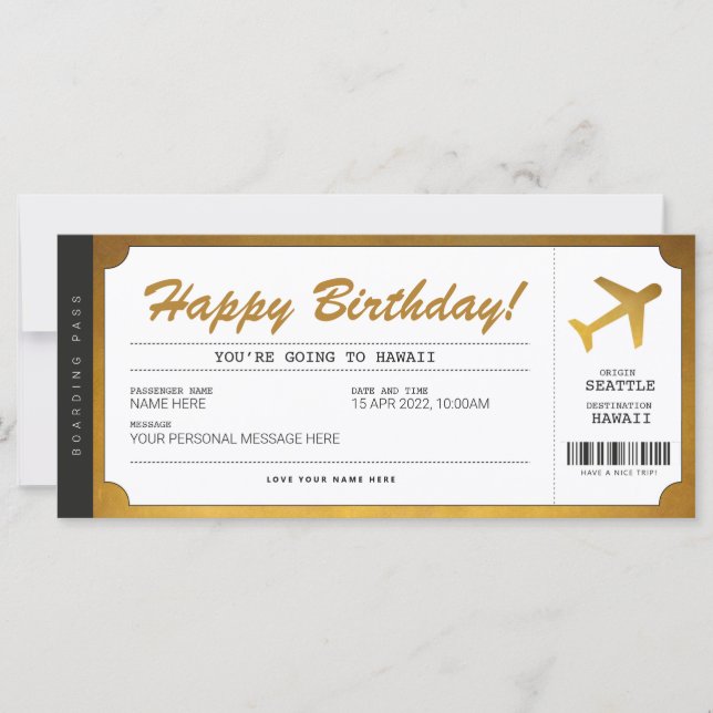 Surprise Birthday Boarding Pass Plane Gold Ticket (Anverso)
