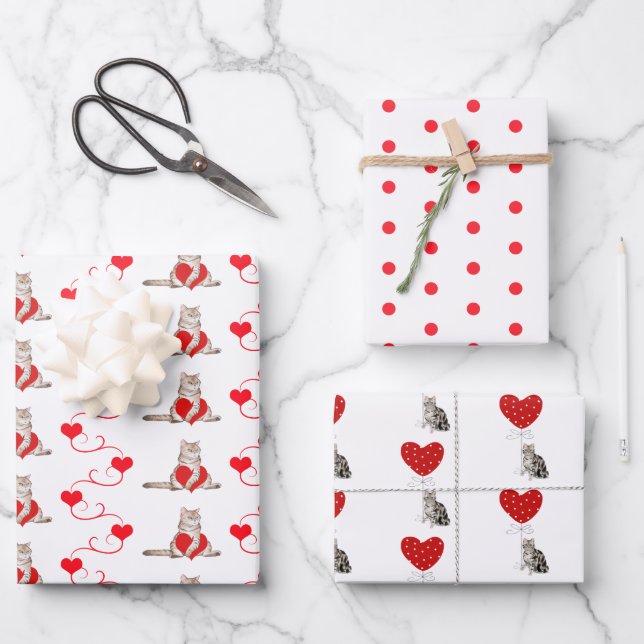 Surtido de papel de regalo de San Valentín de gato (Anverso)
