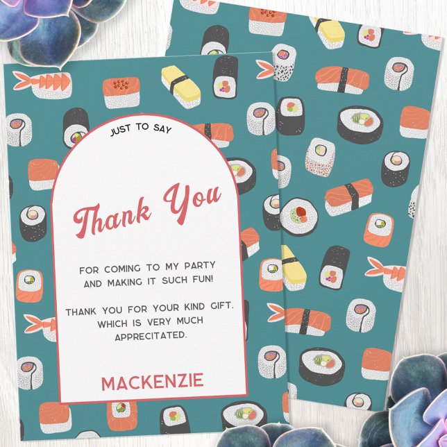 Sushi Fiesta Gracias Tarjeta (Japanese sushi themed personalized thank you card with custom text)