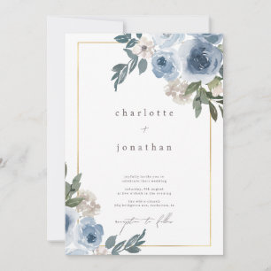 Sutil invitación a Boda floral azul y crema