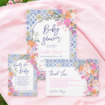 Italian blue tiles pink wildflower baby shower