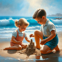 Children Building a Sandcastle in the 1950's Era
