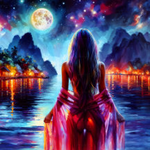 Tropical Moonlit Fantasy Woman in Paradise Art
