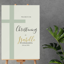 Elegant Sage Green Gold Minimal Cross Christening