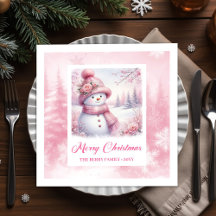 Cute pink snowman winter Christmas Napkins #67S
