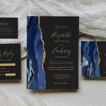 Navy Blue Gold Agate Dark Whimsical Script Wedding