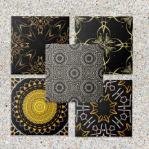 Gold and Black Arabesque Mosaic Ceramic Tiles
