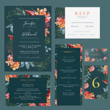 Emerald Green Rust Watercolor Floral Wedding Suite