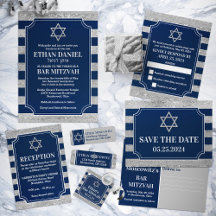 Navy Blue, Gray Striped Bar Mitzvah Invitation Set