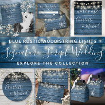 Blue Rustic Wood String Lights Script Wedding 