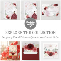 Burgundy Floral Princess Quinceanera Sweet 16 Set
