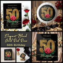 Elegant Black Gold Red Rose 50th Birthday Party