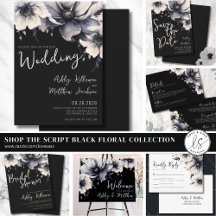Cute Elegant Script Floral Black White Wedding