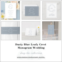 Dusty Blue Leafy Crest Monogram Wedding 