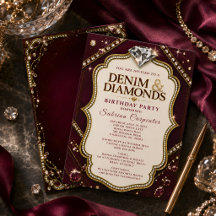 Burgundy Denim & Diamonds Glam Birthday Party 