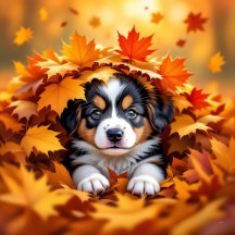 Puppy Dog Playing in Fall Leaves
